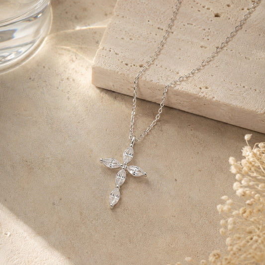 Natural White Crystal Cross Necklace