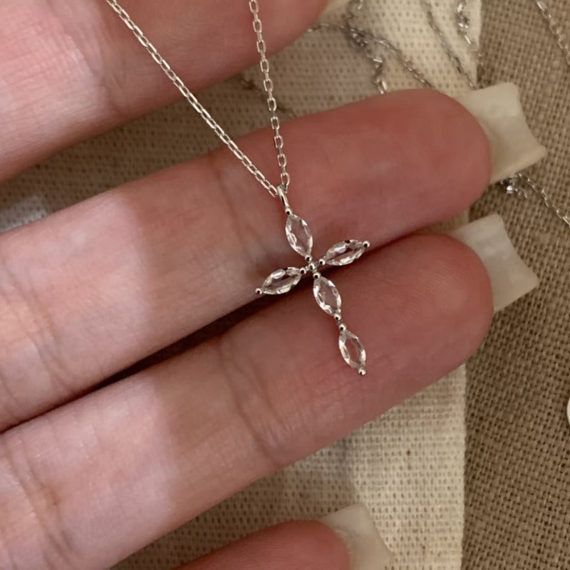 White Crystal Cross Necklace in S925 Sterling Silver | WhisperCrystal™