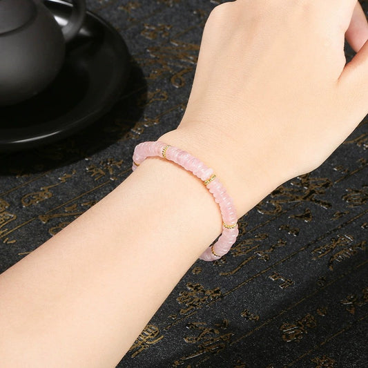 Natural Rose Quartz Beaded Bracelet with Gold Spacer Beads – Pink Crystal Rondelle Bracelet
