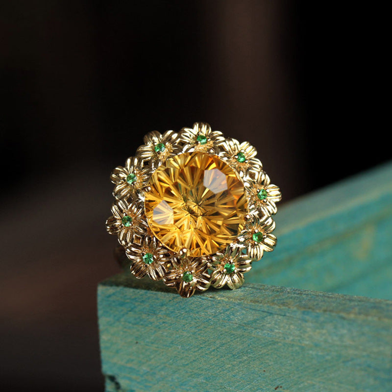 whisperCrystal™ Ice Flower Cut Citrine Adjustable Ring | Luxury Yellow Crystal Floral Ring