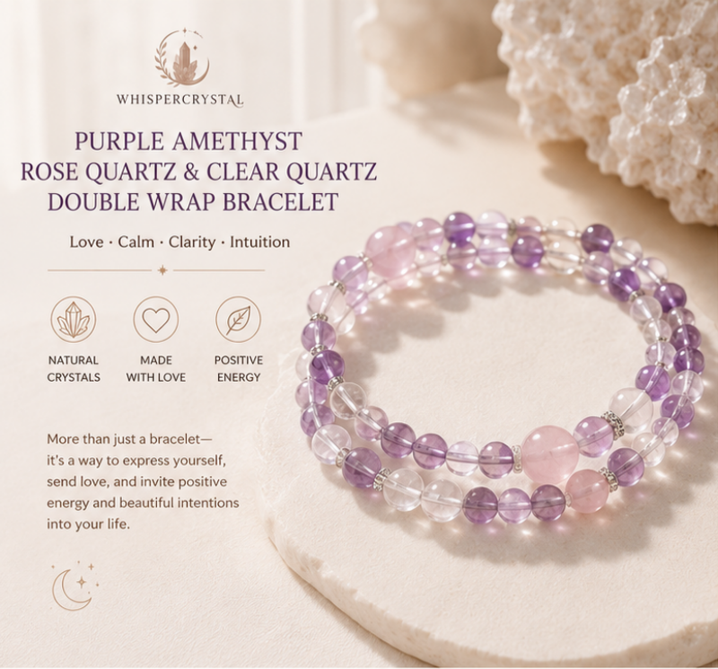 Natural Amethyst, Rose Quartz & Clear Quartz Double Wrap Bracelet