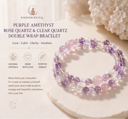 Natural Amethyst, Rose Quartz & Clear Quartz Double Wrap Bracelet