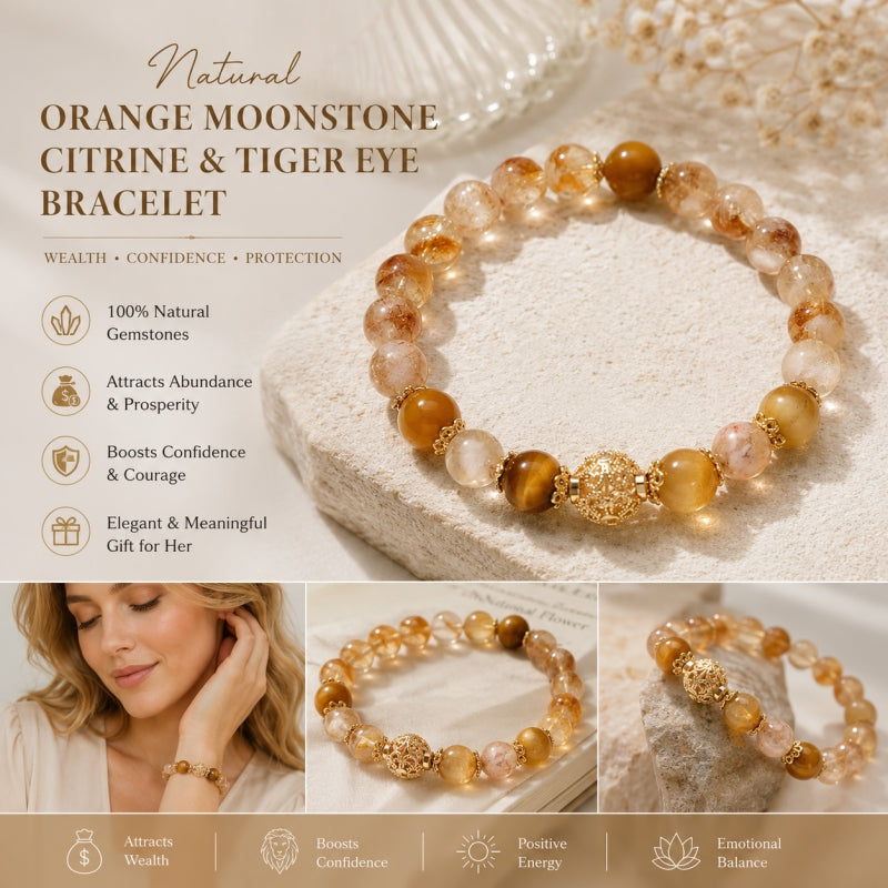 Natural Golden Rutilated Quartz & Tiger Eye Bracelet