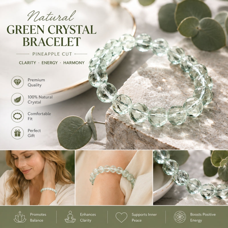 WhisperCrystal™ Natural Green Quartz Crystal Bracelet – Faceted Healing Stone Bracelet | Crystal Energy Bracelets (11–13.8mm)