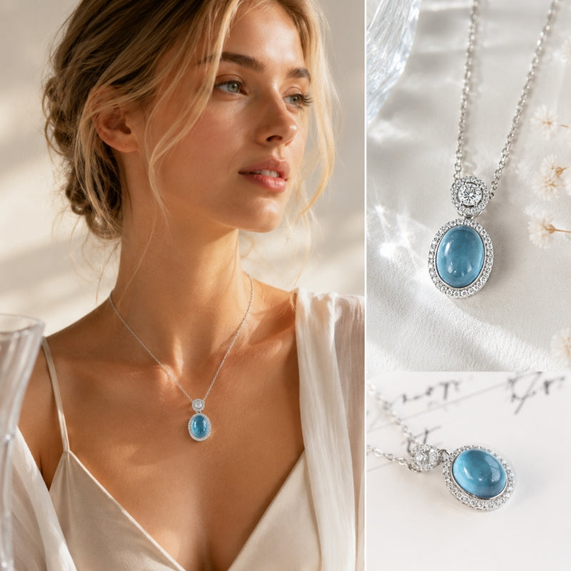 Ocean Halo Natural Aquamarine Pendant Necklace